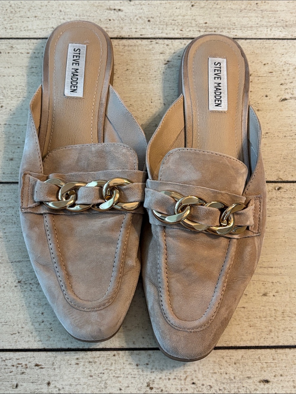 Steve Madden Taupe Suede Chain-Link Backless Loafers